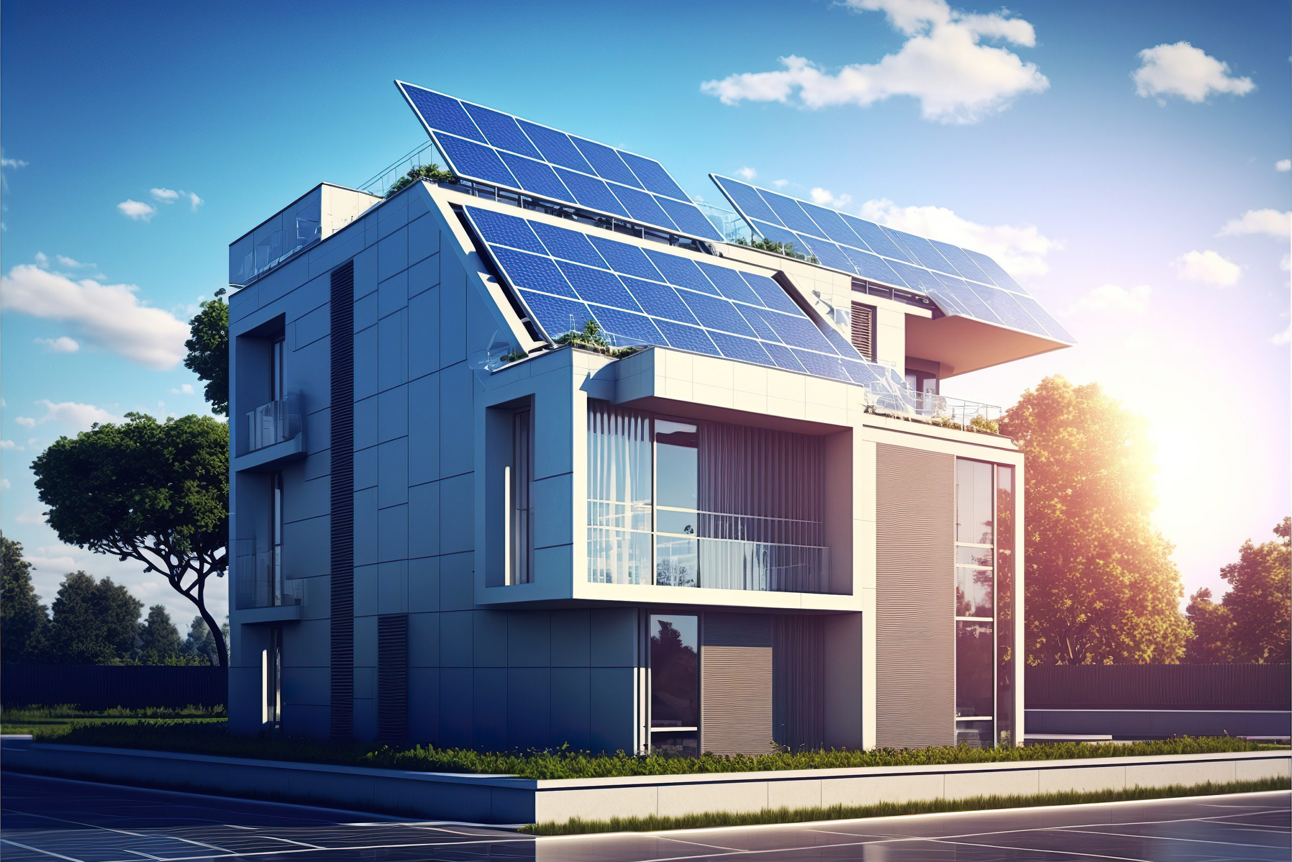 Illustration of a residential building on a sunny day with solar panels on the roof, taking advantage of photovoltaic technology. Ai generated